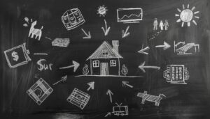 childlike chalk drawing of a house surrounded by simple drawings of money, car, family, dog, tv, and sun representing a kid’s idea of the american dream