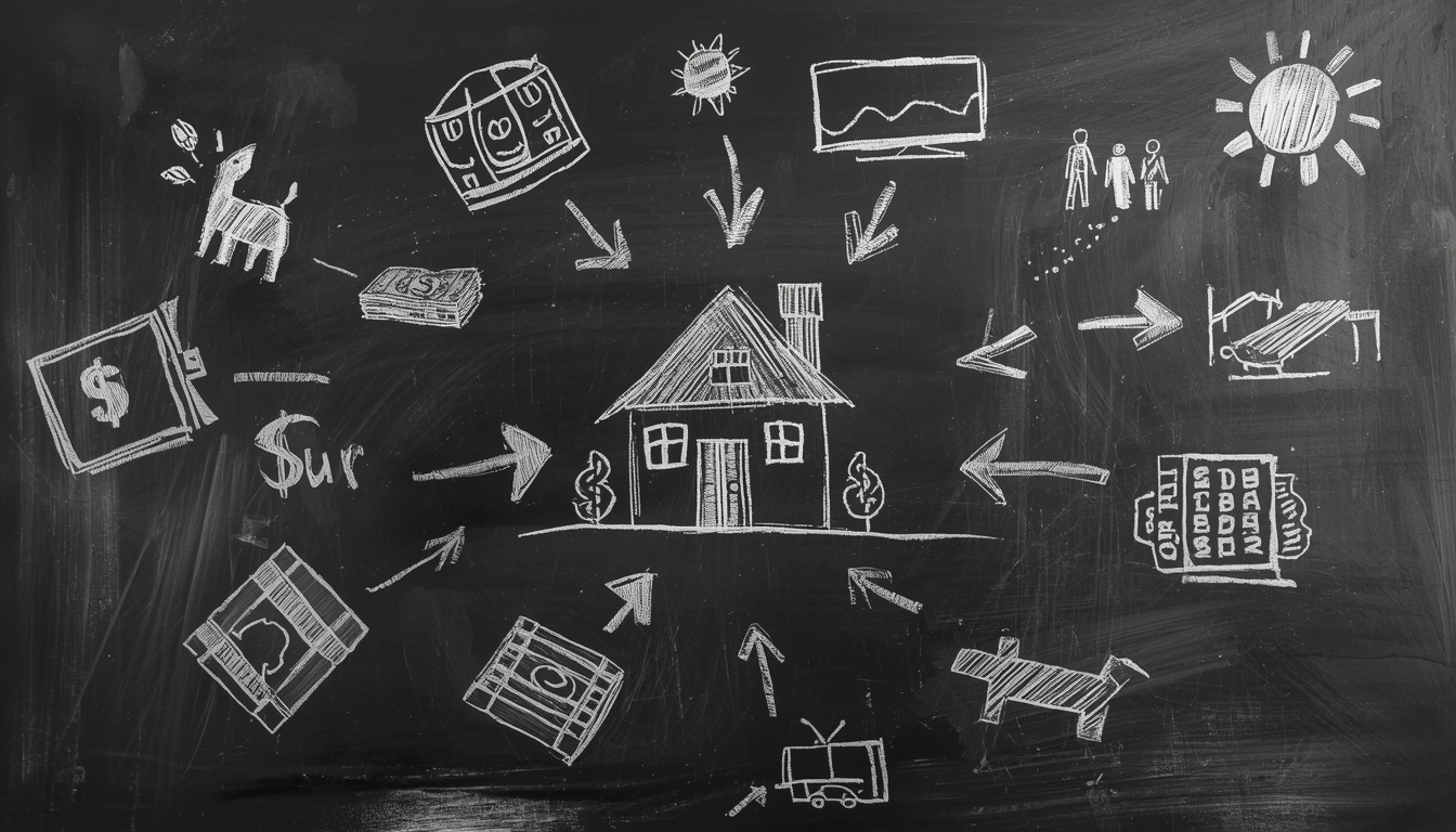 childlike chalk drawing of a house surrounded by simple drawings of money, car, family, dog, tv, and sun representing a kid’s idea of the american dream