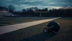 Single football helmet resting on the sideline of an empty field at dusk with soft light and a quiet reflective mood