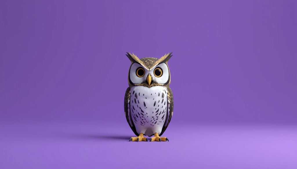 3D animated owl on purple background symbolizing careful decision-making