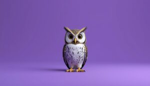 3D animated owl on purple background symbolizing careful decision-making