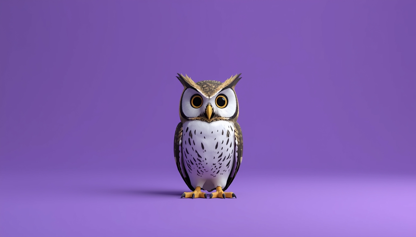 3D animated owl on purple background symbolizing careful decision-making