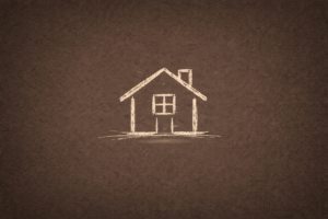 hand-drawn childlike sketch of a small crooked house centered on a warm charcoal textured background with lots of empty space