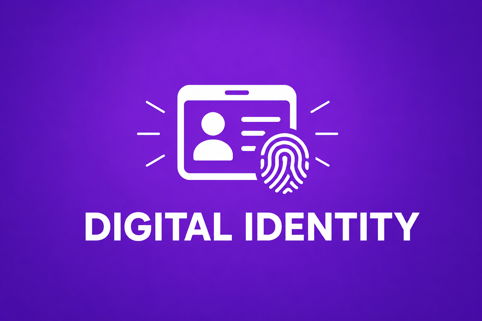 Digital identity system cover with a purple gradient background and a white ID badge with fingerprint icon above bold “DIGITAL IDENTITY” text