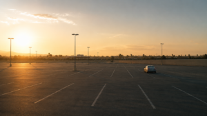 A single rental car parked alone in a large, mostly empty parking lot during sunrise with long shadows and warm morning light.