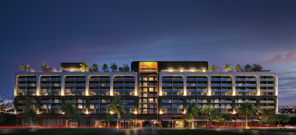 Night rendering of NoMad Residences Wynwood luxury condominium development in Miami.