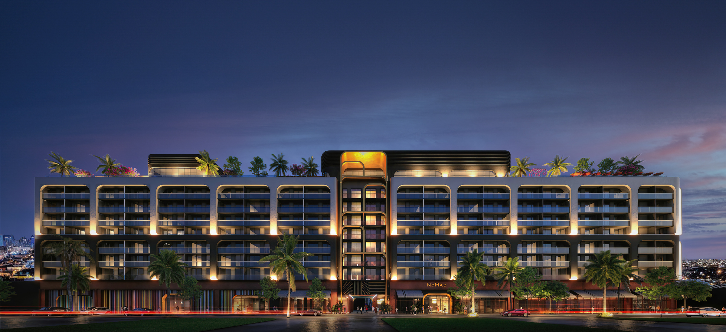Night rendering of NoMad Residences Wynwood luxury condominium development in Miami.