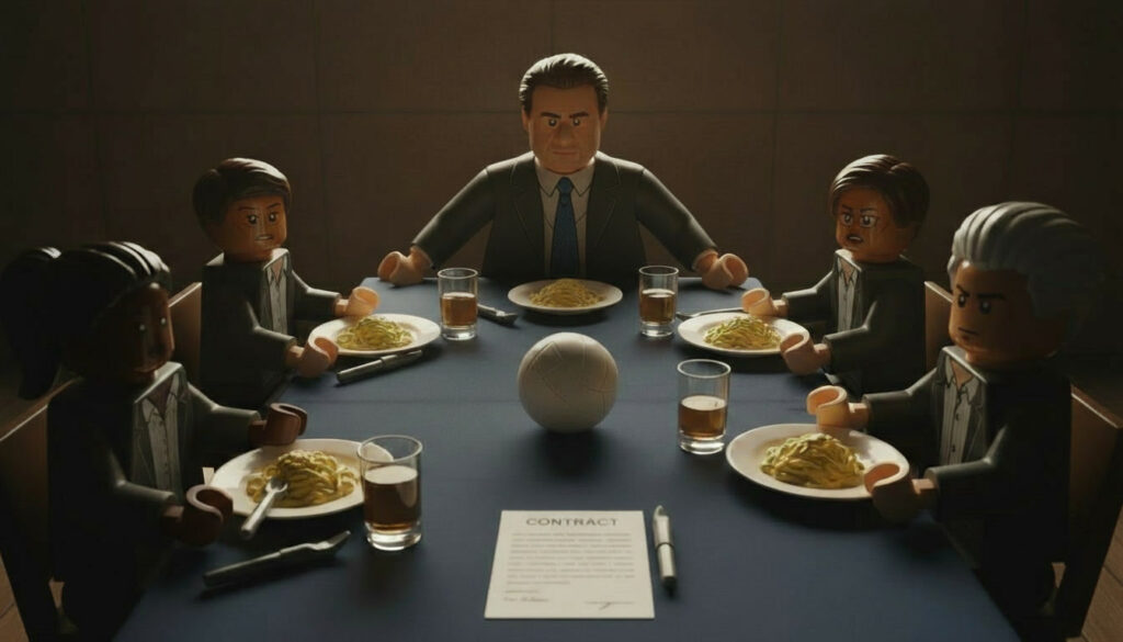 LEGO-style mob meeting around a dinner table with a volleyball and contract