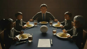 LEGO-style mob meeting around a dinner table with a volleyball and contract