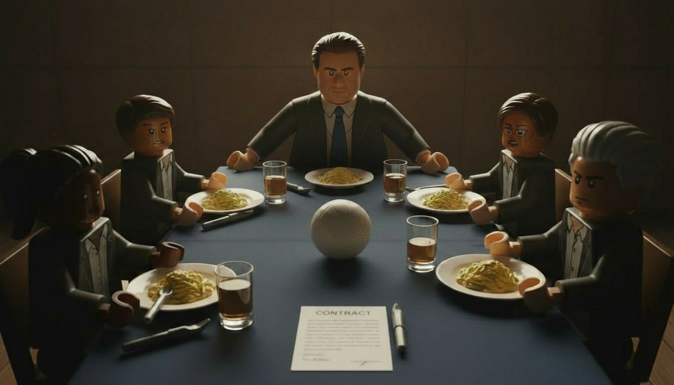 LEGO-style mob meeting around a dinner table with a volleyball and contract