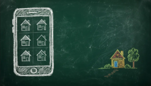 Childlike chalk drawing on a green classroom chalkboard showing six houses inside a smartphone and a colorful house outside the screen, illustrating that online real estate platforms do not show the whole picture.