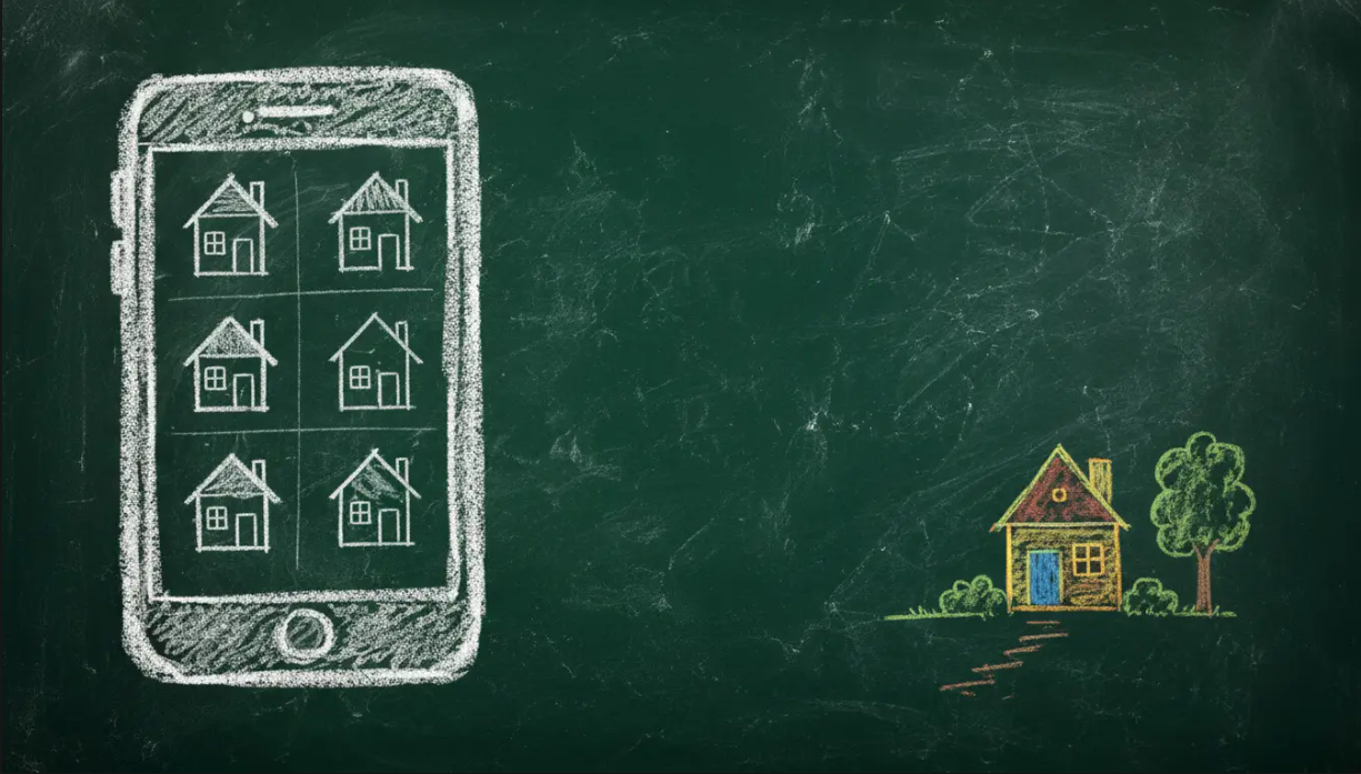 Childlike chalk drawing on a green classroom chalkboard showing six houses inside a smartphone and a colorful house outside the screen, illustrating that online real estate platforms do not show the whole picture.