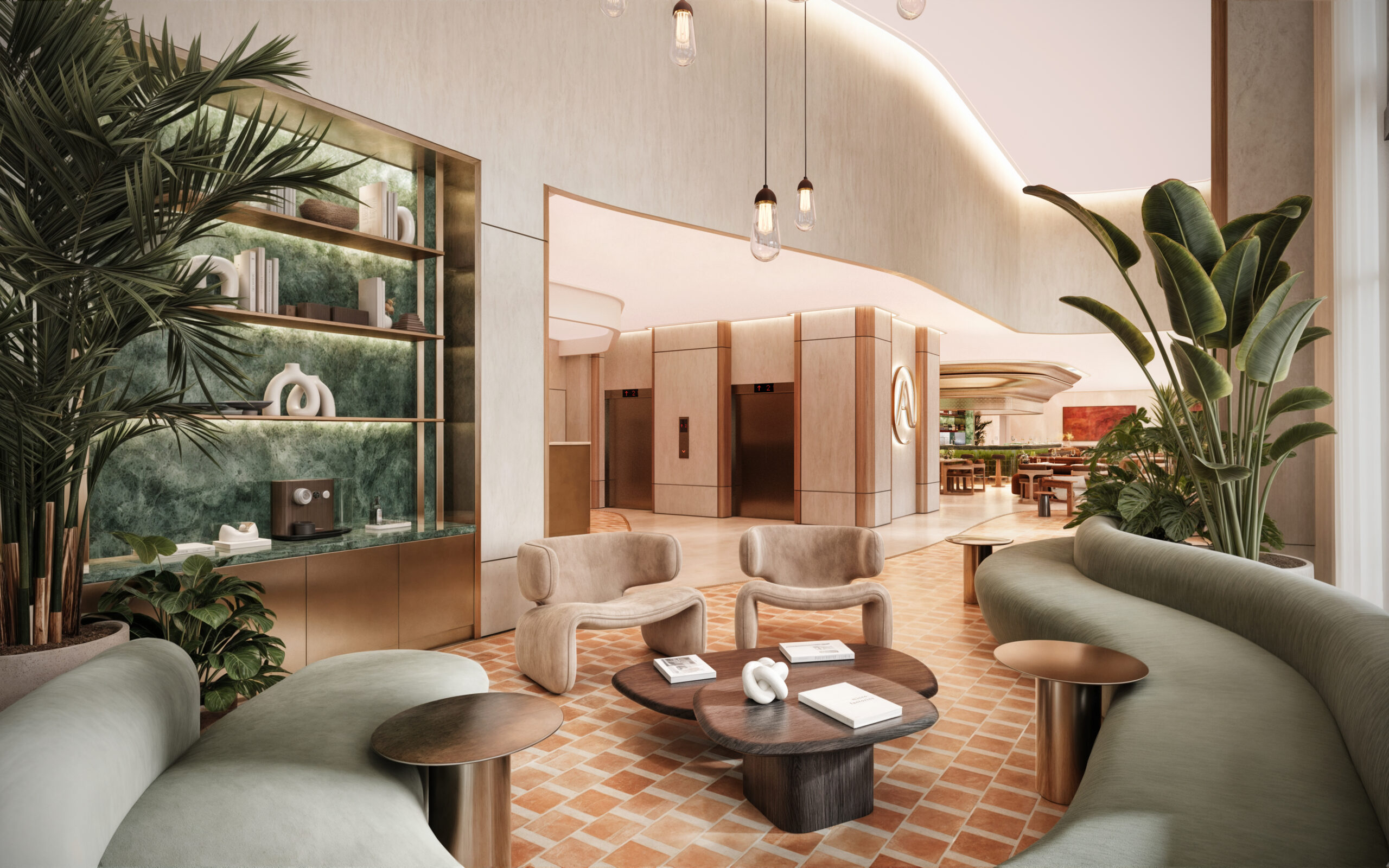 Contemporary residential lobby at Atelier Residences Miami featuring a hospitality-inspired interior design.