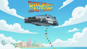 Cartoon illustration of the Back to the Future flying DeLorean soaring above Miami's skyline, palm trees, and turquoise waterfront.