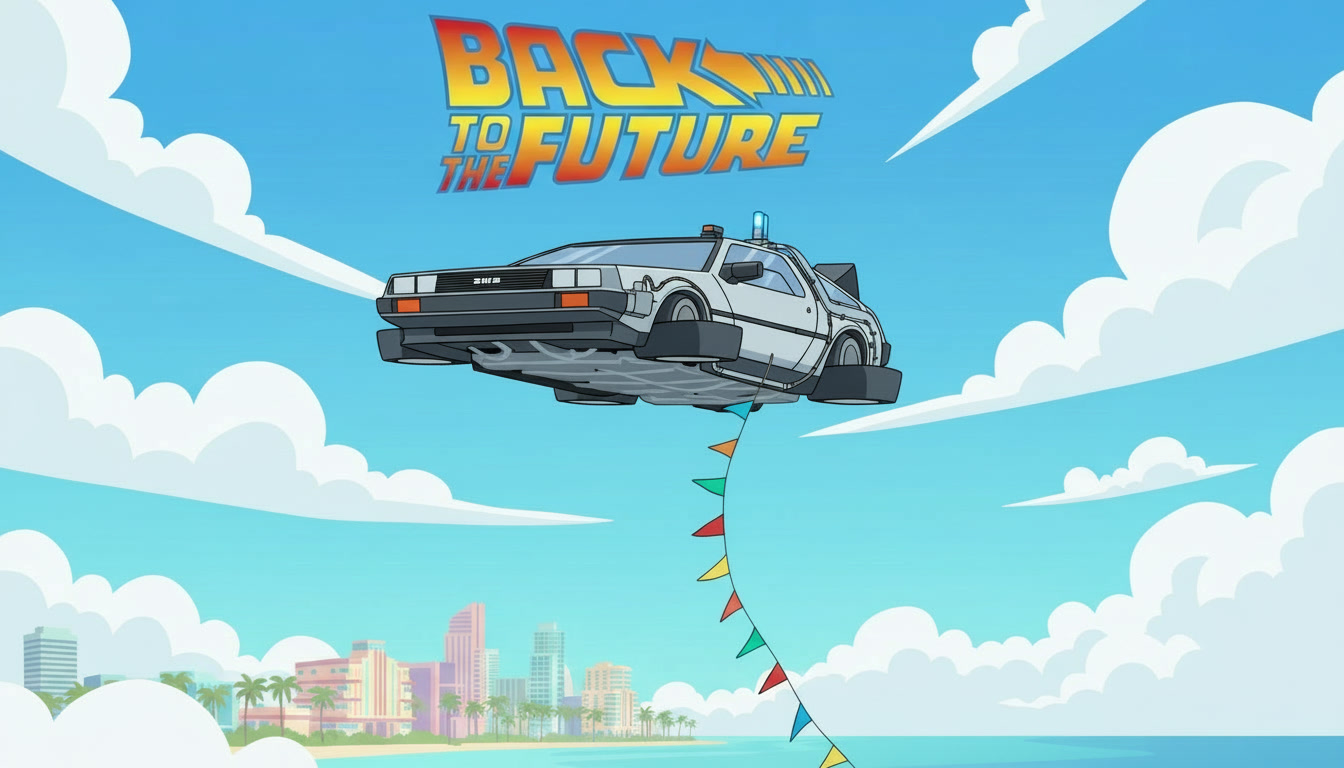 Cartoon illustration of the Back to the Future flying DeLorean soaring above Miami's skyline, palm trees, and turquoise waterfront.
