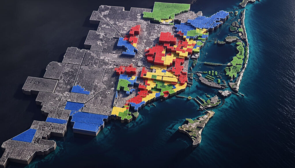 3D map of Miami-Dade County showing color-coded neighborhoods representing racial and cultural divisions across South Florida.