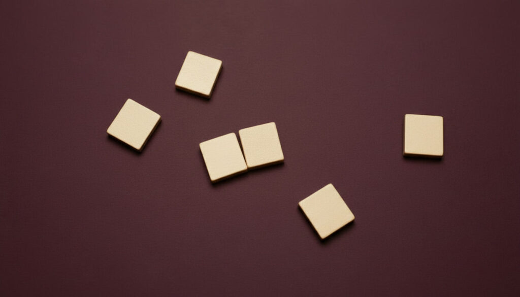 Minimalist wooden tiles on a matte burgundy background, with two tiles joined together to symbolize private equity acquisitions and business consolidation