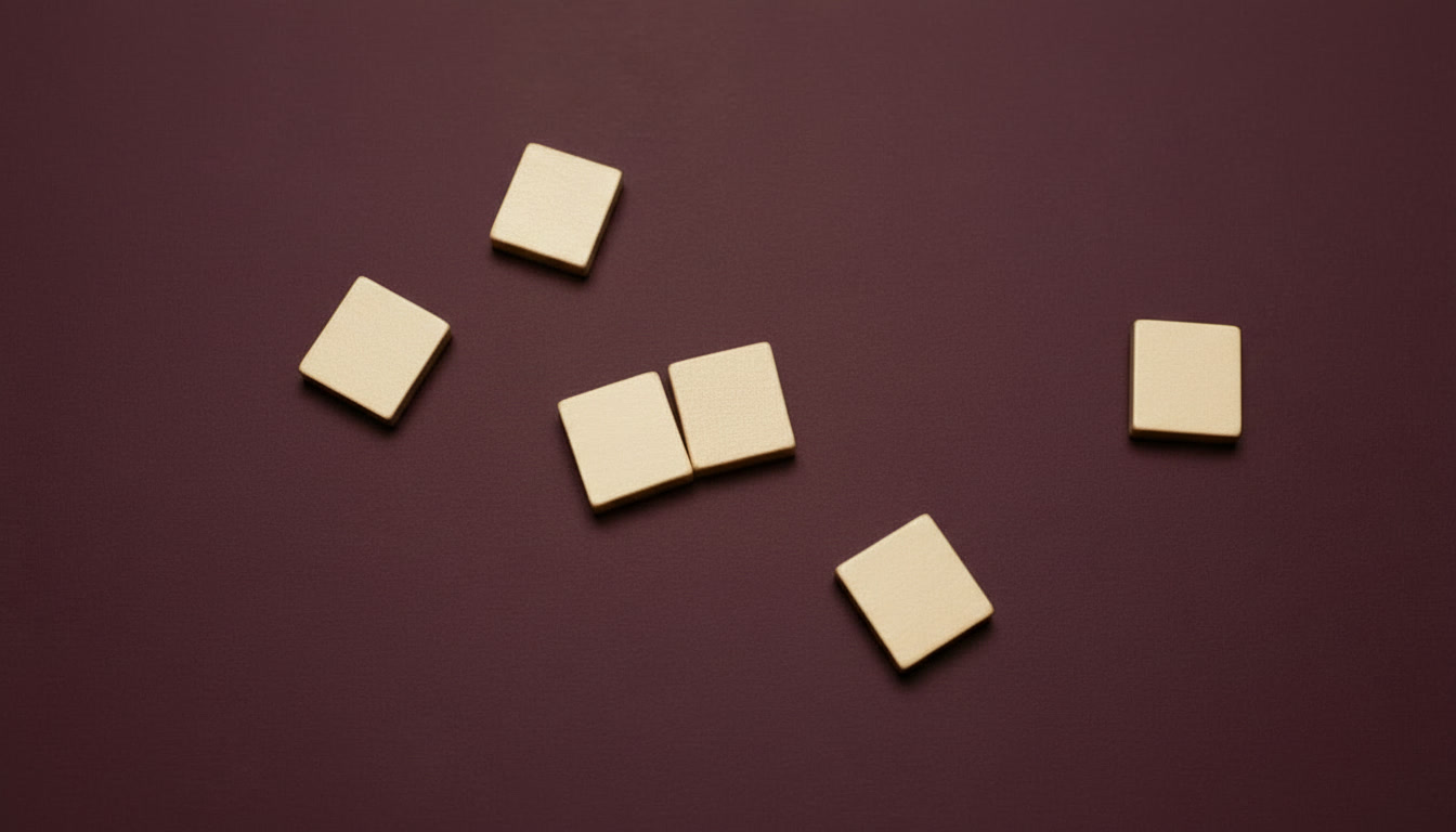 Minimalist wooden tiles on a matte burgundy background, with two tiles joined together to symbolize private equity acquisitions and business consolidation