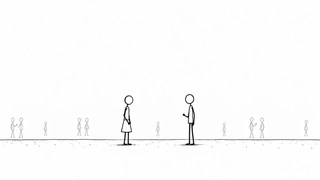 Minimalist illustration of a man and woman hesitating to start a conversation.