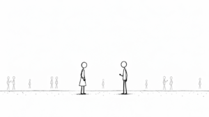 Minimalist illustration of a man and woman hesitating to start a conversation.