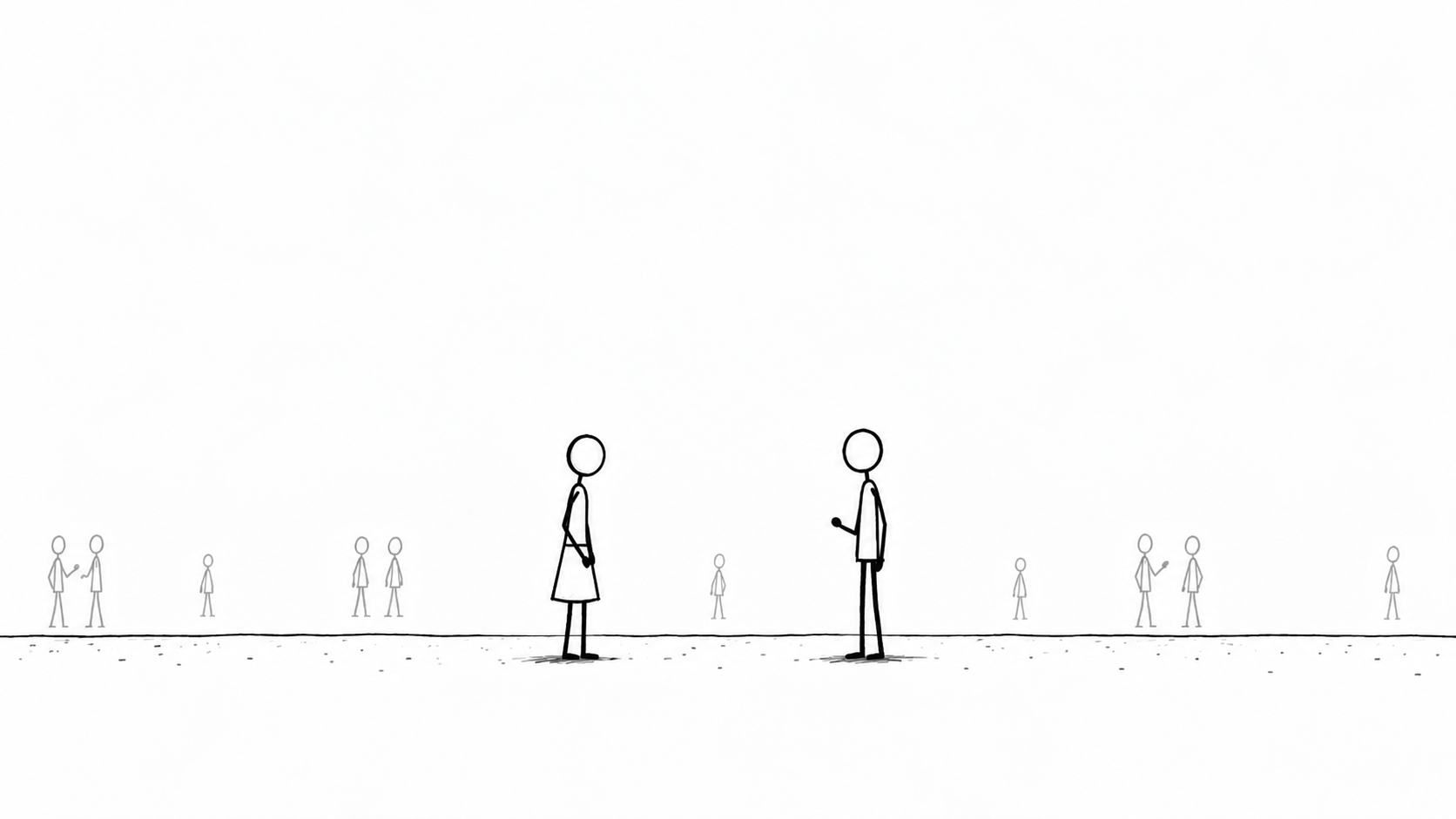Minimalist illustration of a man and woman hesitating to start a conversation.