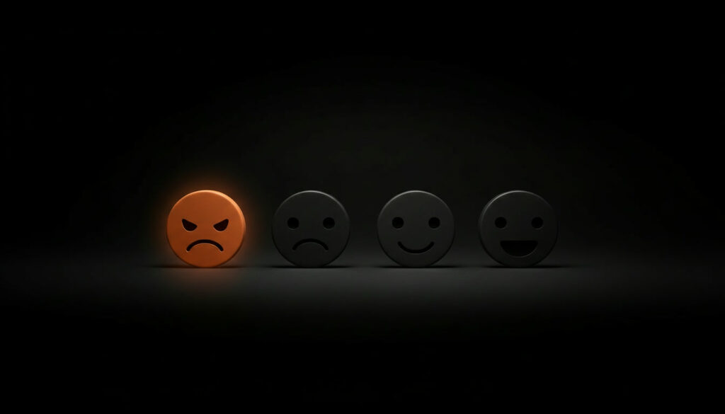 Four customer satisfaction faces against a black background, with one angry face illuminated in orange and three dark faces representing different customer experiences.