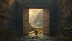 A lone stoneworker stands before the open gates of an ancient kingdom, looking toward a mountain valley illuminated by golden sunlight.