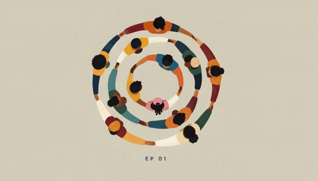 Overhead illustration of diverse people holding hands in concentric circles, symbolizing unity, shared knowledge, and the power of community in The Resistance series